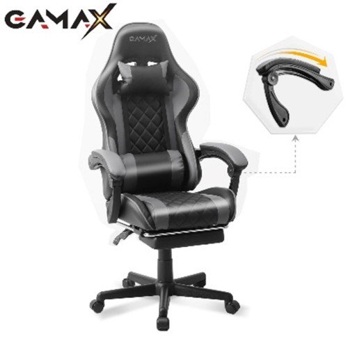 Gamax Gaming Chair Model 1-LT001L with Linkage Function Armrest | Retactable Footrest - Grey