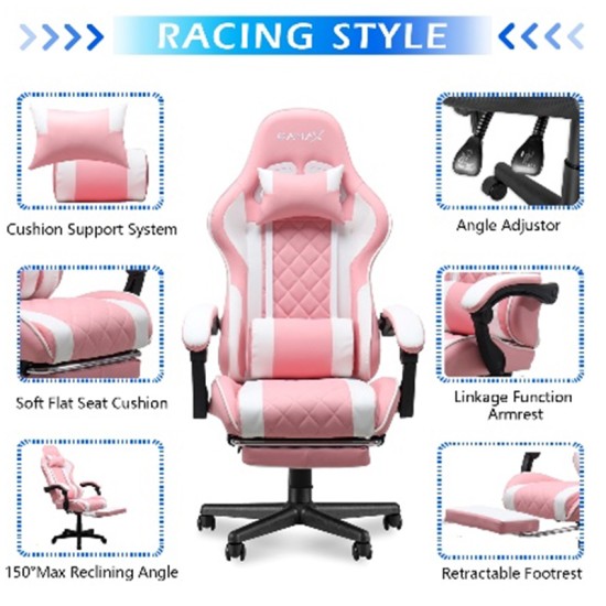 Gamax Gaming Chair Model 1-LT001L with Linkage Function Armrest | Retactable Footrest - Pink