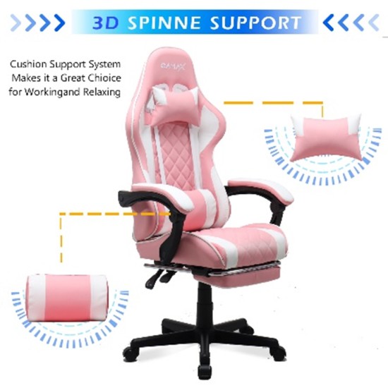 Gamax Gaming Chair Model 1-LT001L with Linkage Function Armrest | Retactable Footrest - Pink