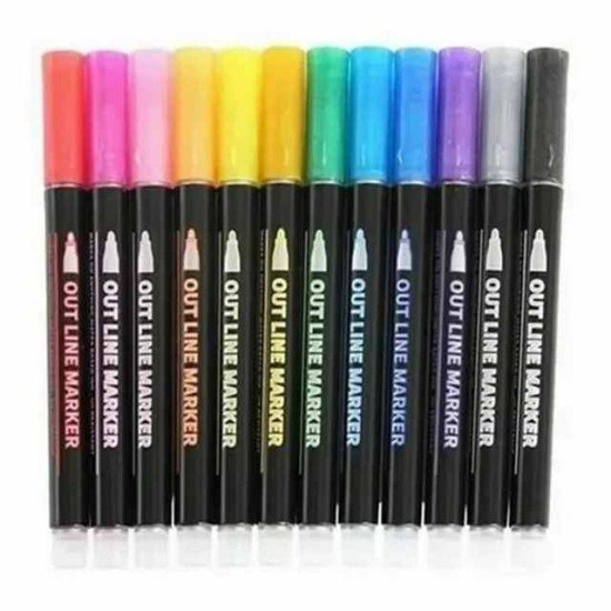12 Colors Metallic Glitter Colorful Color Outline Marker Kawaii Art Marker Double Line Pen