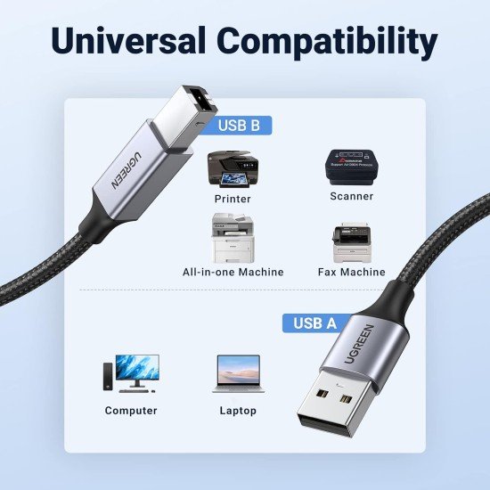 UGREEN USB-A to USB-B Male Printer Cable Alu Case Braided 5m (Black) 90560-US369