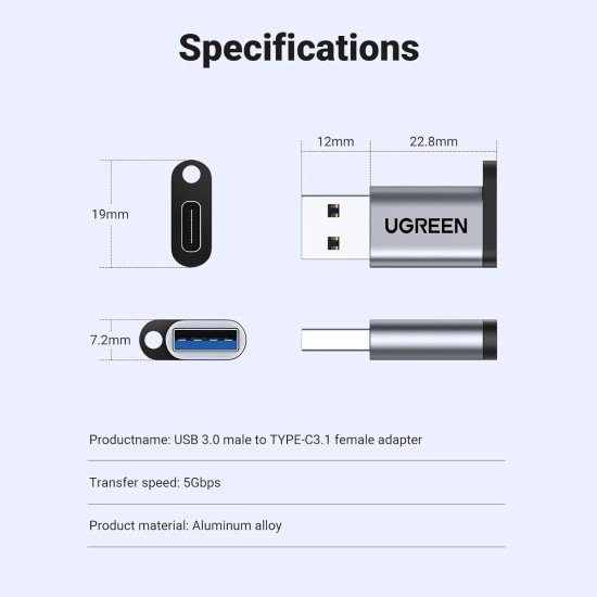 UGREEN USB-A 3.0 to USB-C Adapter (Gray)  50533-US276