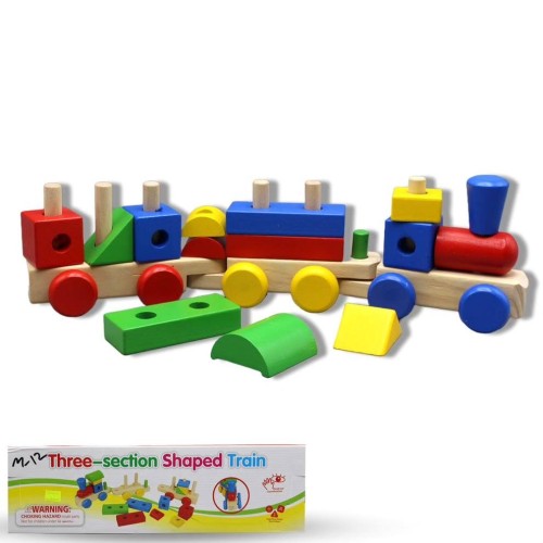 The wooden train toy in the shape of three sections