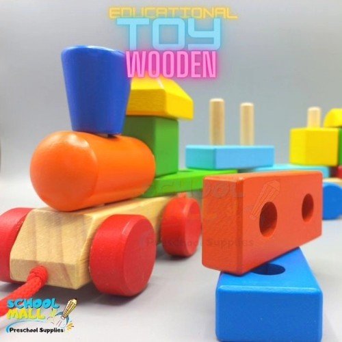 The wooden train toy in the shape of three sections