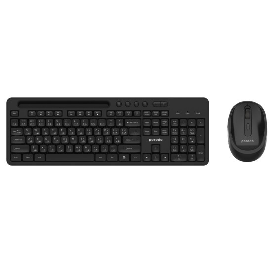 Porodo Wireless 2.4G|BT Keyboard with Pen/Phone Tray and Mouse - Black