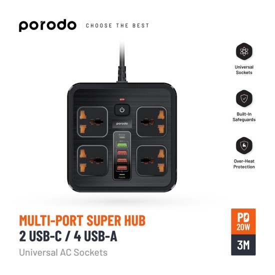 Porodo Multi-Port Super HUB 2 USB-C/ 4 USB-A Universal AC Sockets 3M