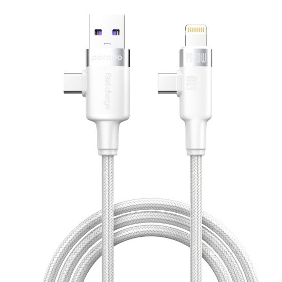 Porodo Dual Connector Universal Cable Lightning, Type-C, USB-A - White