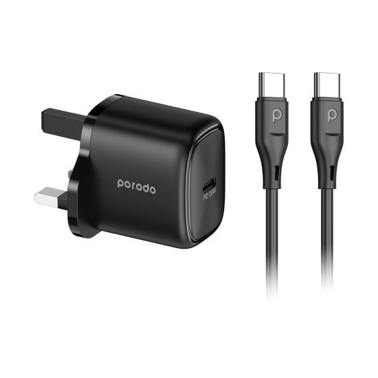 Porodo 20W Single USB C Charger UK With Type C to C Cable 1.2M - Black