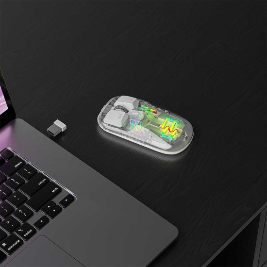 Porodo Transparent Dual-Mode Wireless Mouse RGB Light And Magnetic Cover - White