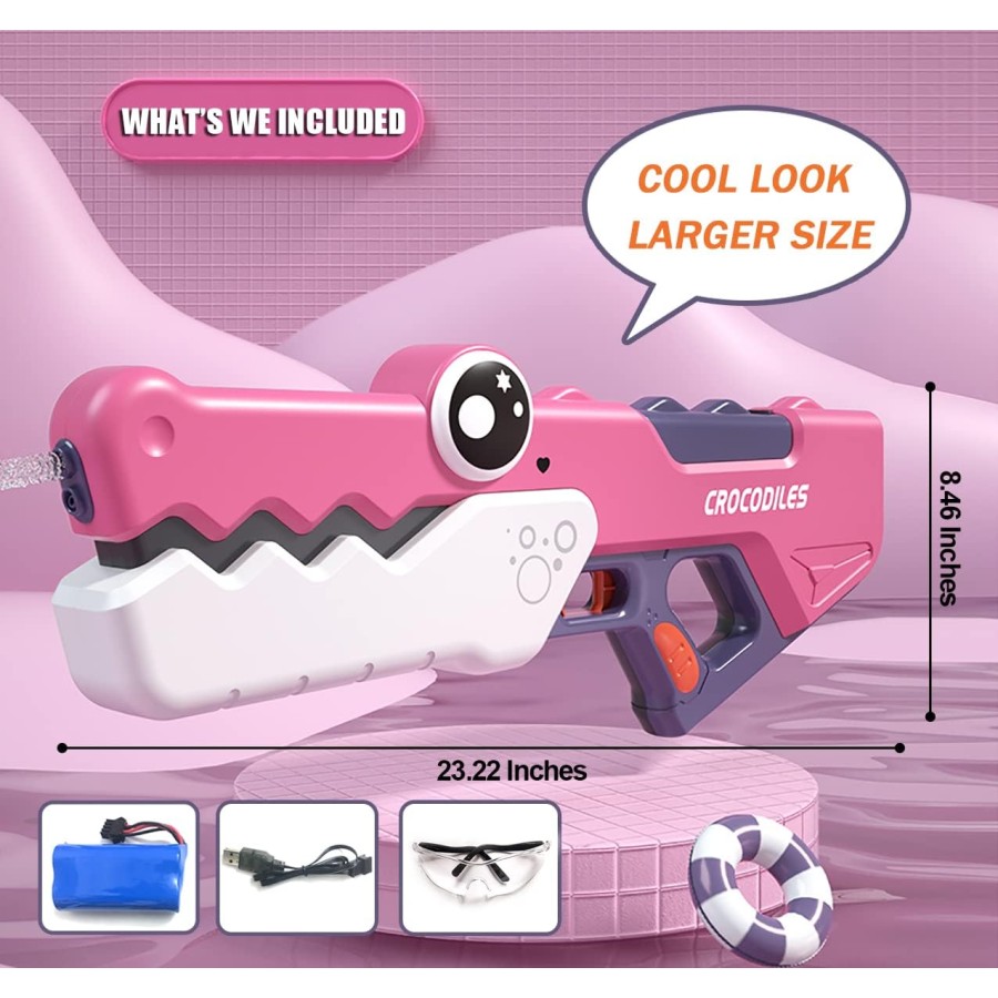 Crocodile Electric Water Gun 10-15M Range - 3.7V 500MAH LITHIUM BATTERY,Pink