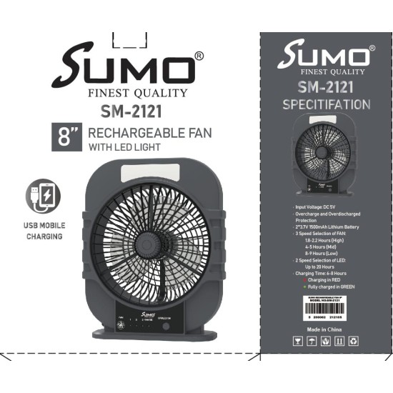 SUMO 8 inch Rechargeable Oscillating Desk Fan with LED (Summer Fan)