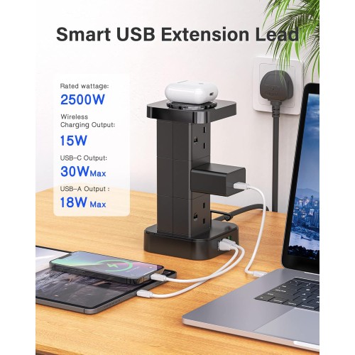 LDNIO 2500W UK Tower Extension Power Socket Multifunctional Storage / Wireless Smart Life