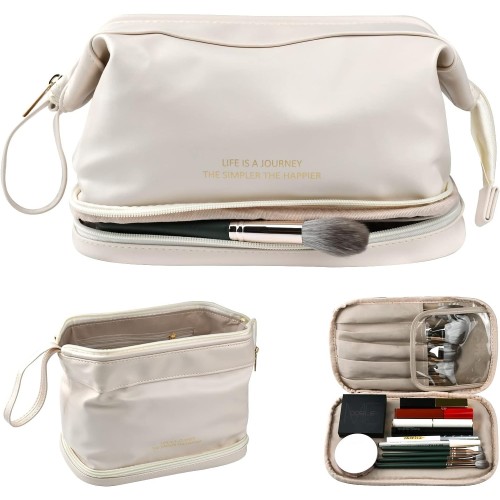 Large Makeup Bag Double Layer Cosmetic for Travel, Portable Leather Toiletry