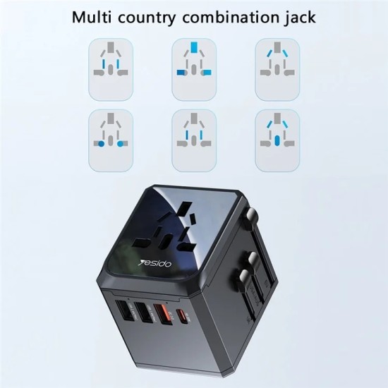 YESIDO MC24 20W Universal Adapter Socket Travel Wall Charger Multifunction Type-C+3USB-A Power Charger Converter