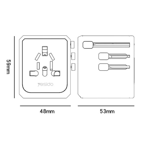 YESIDO MC24 20W Universal Adapter Socket Travel Wall Charger Multifunction Type-C+3USB-A Power Charger Converter