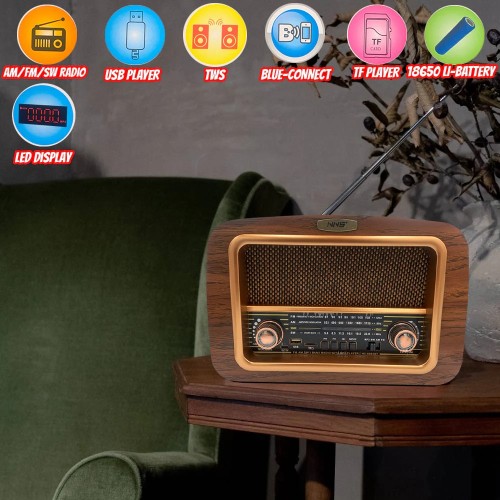 Classic Vintage Retro Style Handmade Wooden Exterior Dark Brown Am/Fm Radio NS-6655BT