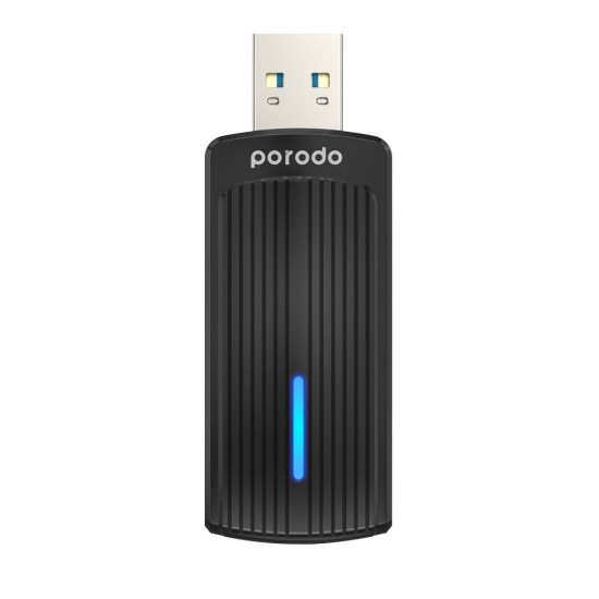 Porodo Dual Band WiFi 6 USB Adapter with Additional USB A to Type- C Adaptor - Black