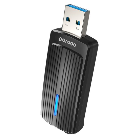 Porodo Dual Band WiFi 6 USB Adapter with Additional USB A to Type- C Adaptor - Black