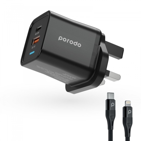 Porodo Dual Port PD and USB-A ( 35Wand18W) Charger With Type-C To Lightning