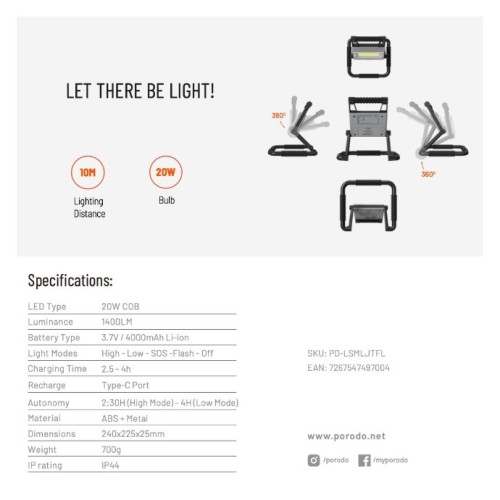 Porodo Foldable Multi-Joint Outdoor Flashlight