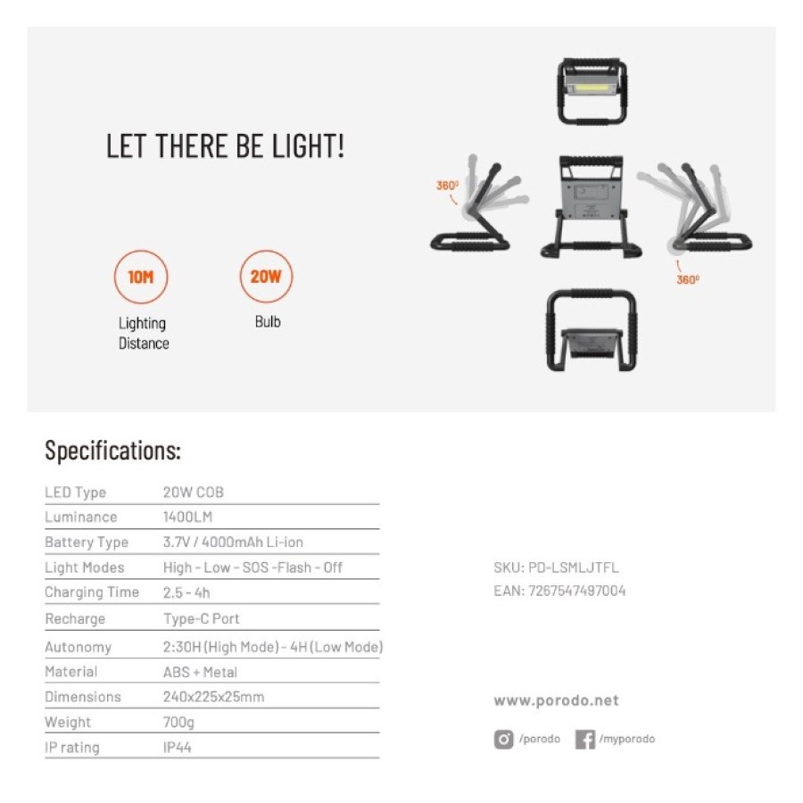 Porodo Foldable Multi-Joint Outdoor Flashlight