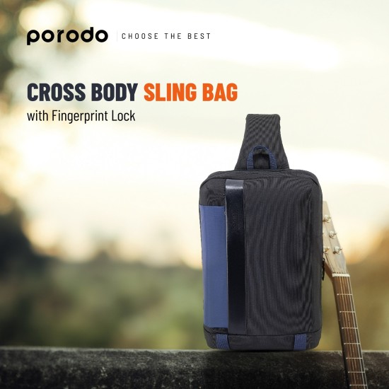 Porodo Lifestyle Cross Body Sling Bag With Fingerprint Lock - Black/Blue