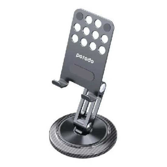 Porodo Phone Stand with Aluminum Alloy, Carbon Fiber, and 360 degree Rotating Multi-Joint - Grey