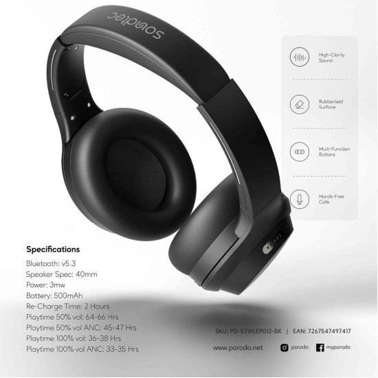 Porodo Soundtec Hush Wireless Over-Ear ANC Headphone - Black