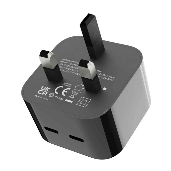Porodo Super-Fast Dual USB-C Wall Charger 35W UK with Braided Type-C to Type-C Cable 1.2m - Black