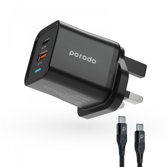 Porodo Wall Charger UK 3-Pin / Braided Type-C to Type-C Cable 1.2m