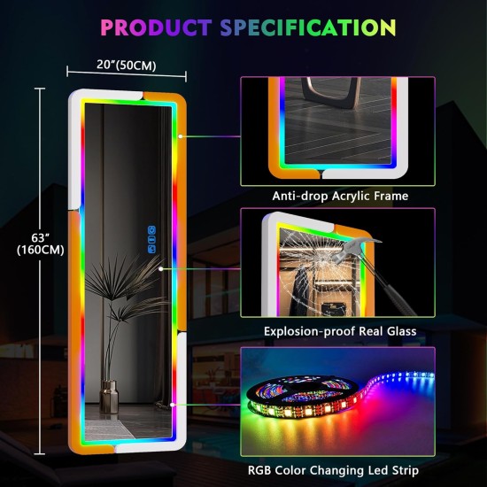 Full Length Floor Standing Mirror with RGB Lighting (Orange + White)