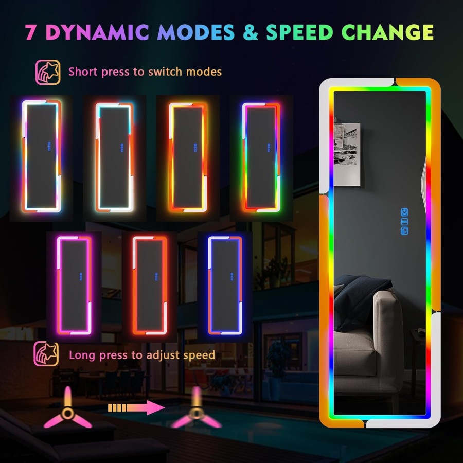 Full Length Floor Standing Mirror with RGB Lighting (Orange + White)