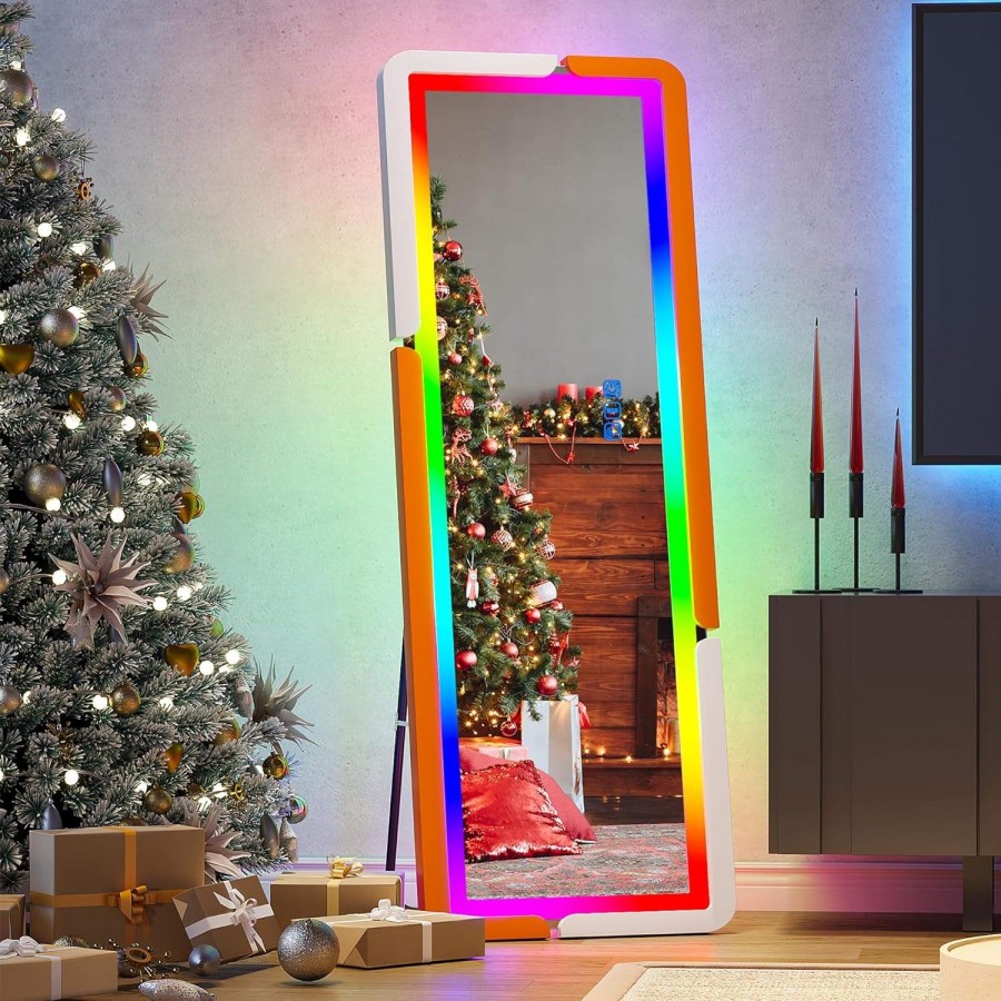 Full Length Floor Standing Mirror with RGB Lighting (Orange + White)