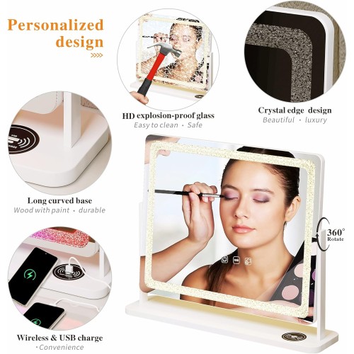 Smart LED Makeup Mirror 23 inch x 18 inch with Charging Station