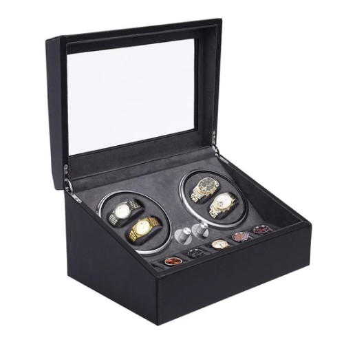 Luxury Leather Watch Storage Box with Auto Rotating Base 4+6 Watches (Black Grey)