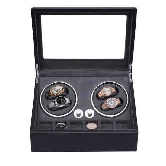 Luxury Leather Watch Storage Box with Auto Rotating Base 4+6 Watches (Black Grey)