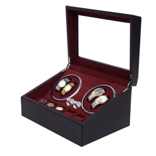 Luxury Leather Watch Storage Box with Auto Rotating Base 4+6 Watches (Black Red)