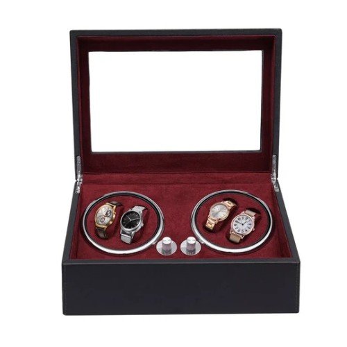 Luxury Leather Watch Storage Box with Auto Rotating Base 4+6 Watches (Black Red)