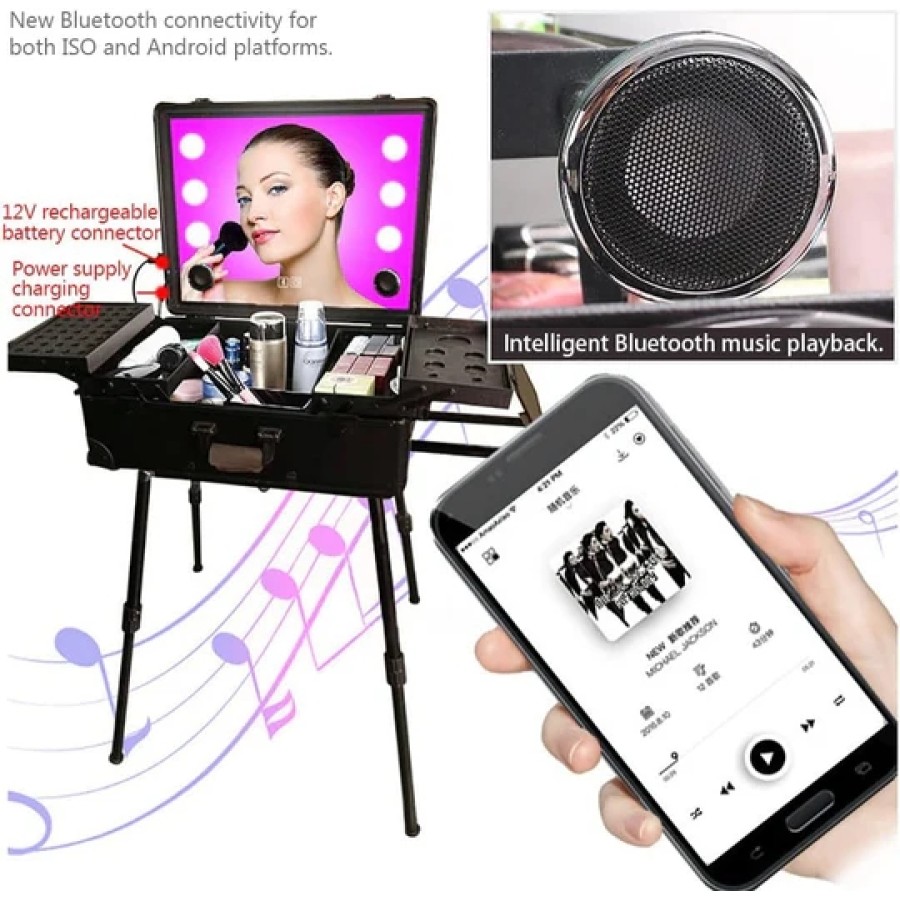 24inch LED Lighted Cosmetic Organizer Case with Speaker (Black)