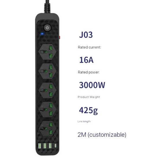 Compro 3000W Power Extension 5 socket+ 3 USB+ 1 Type C Port