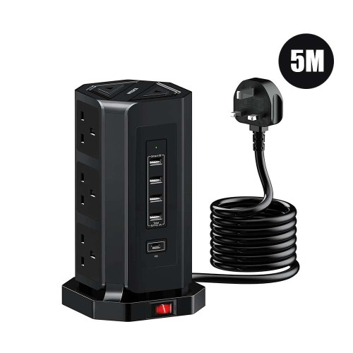 6 Power Socket Lead Tower , 3USB, 1PD USB Charging - 5m