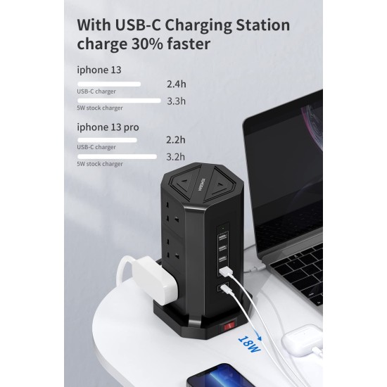 6 Power Socket Lead Tower , 3USB, 1PD USB Charging - 2m