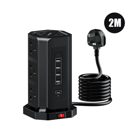 6 Power Socket Lead Tower , 3USB, 1PD USB Charging - 2m