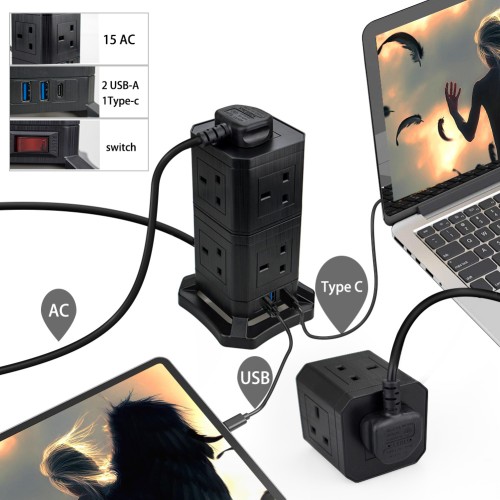 Cube Extension 3-layer stackable socket with 30W type C port - 5m