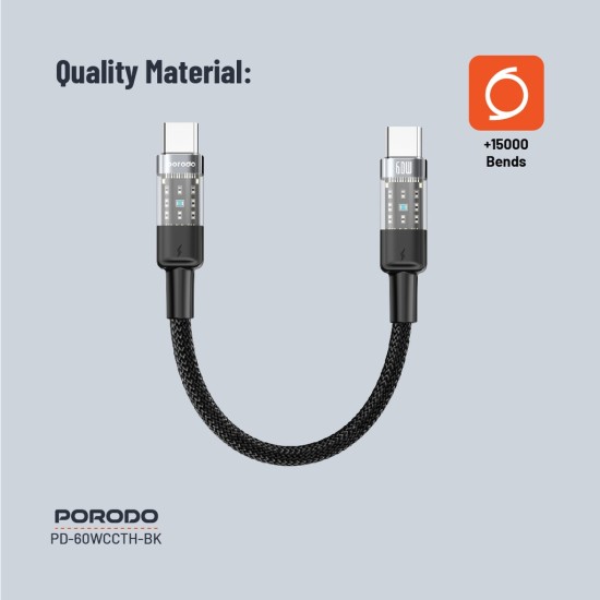 Porodo Braided Cable Transparent USB-C To USB-C Fast Charge & Data 35cm/1.1ft