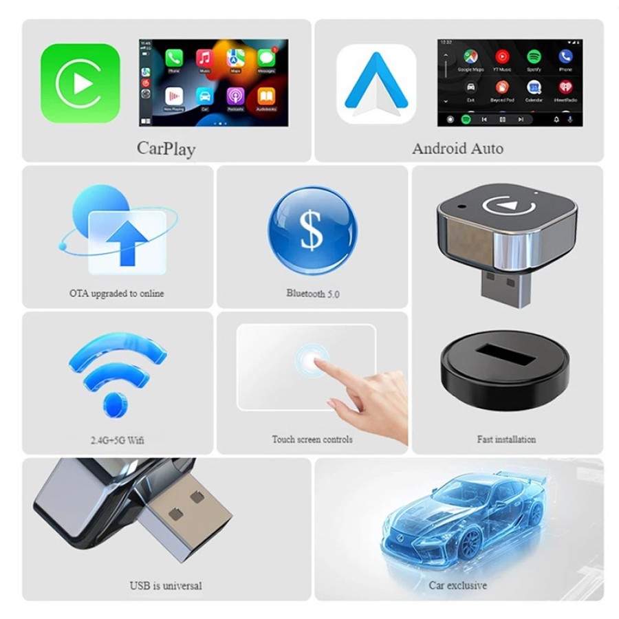 2-in-1 Wireless CarPlay Android Auto Adapter – Fast Plug & Play 2-in-1 Wireless CarPlay Android Auto Adapter – Fast Plug & Play