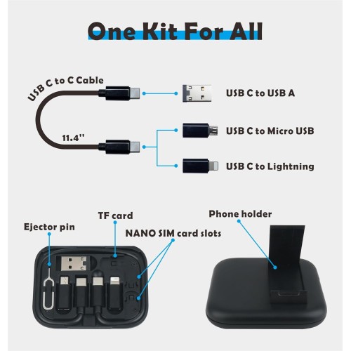 3 in 1 Type C to C Charging and Data Transfer Cable Travel Kit with Mirror