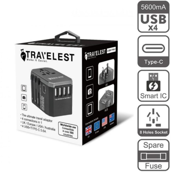 Travelest UNIVERSAL Travel Adapter 5.6A 4 USB 1 TYPE C