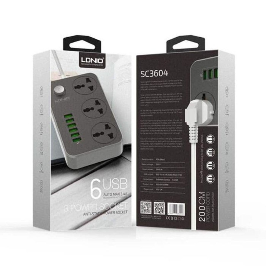 LDNIO 3 Sockets Power Extension with 6 USB Ports 2M
