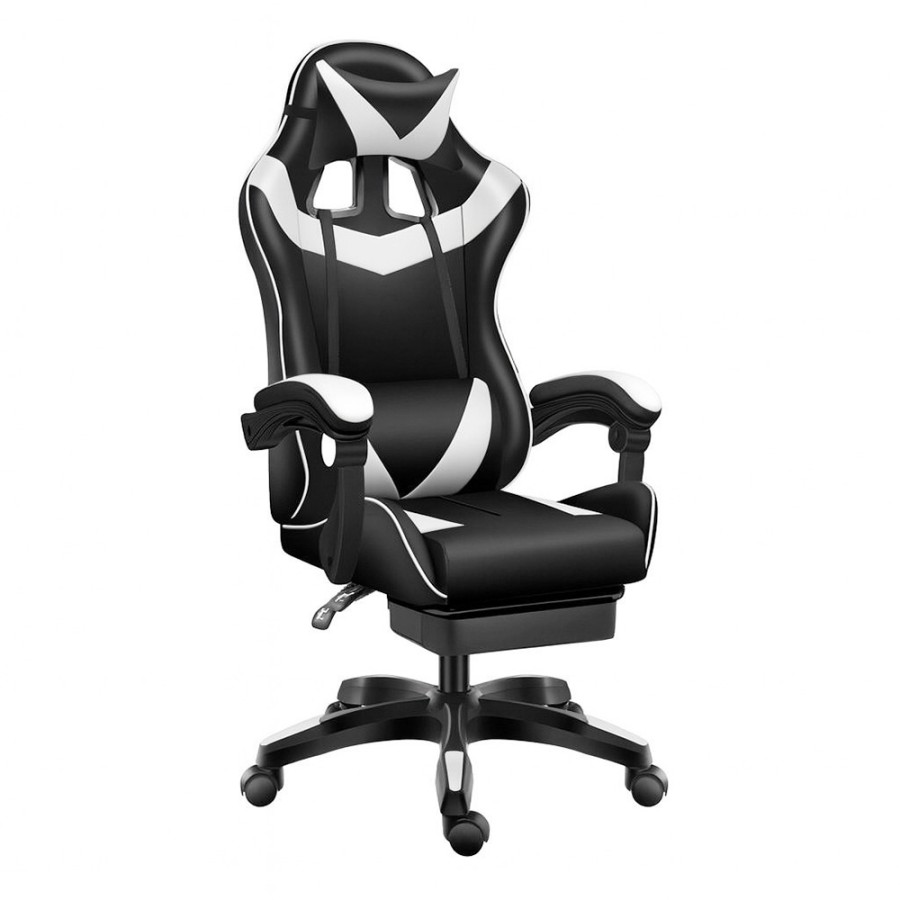 TX Gaming Chair Sport 180° Tilt With Footrest– White/Balck